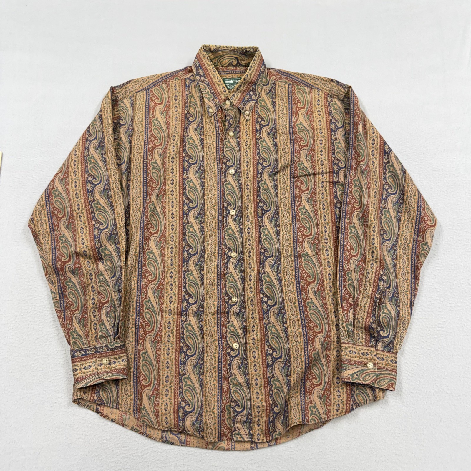 Vintage Nordstrom Shirt Mens Medium Beige Paisley Long Sleeve Button USA Casual