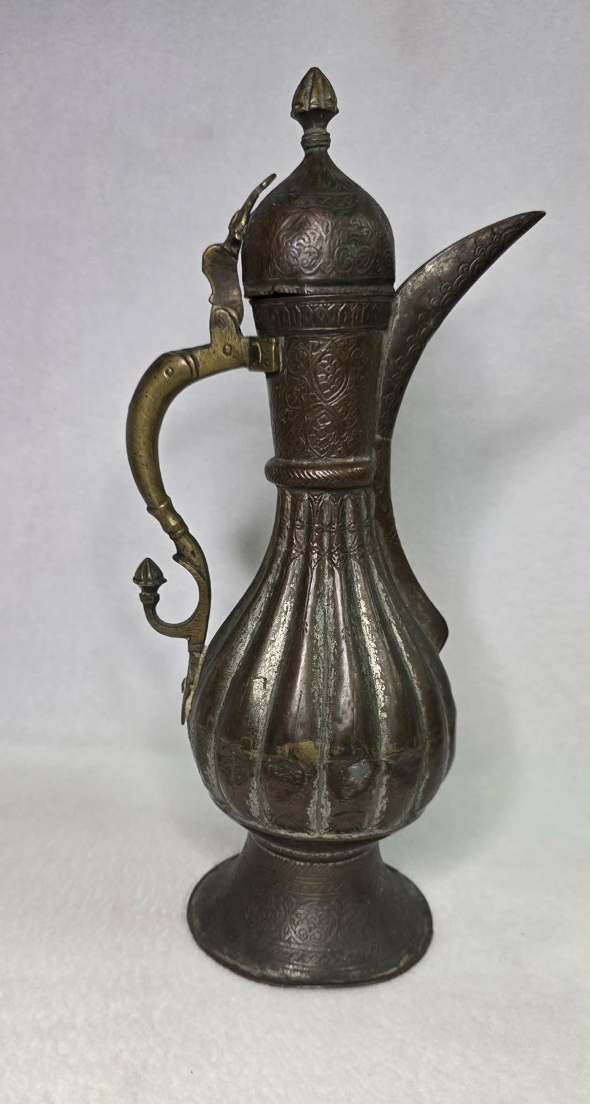 Antique 19th Century Ottoman Hand Hammered Tinned Copper Ibrik Ewer 13.5”