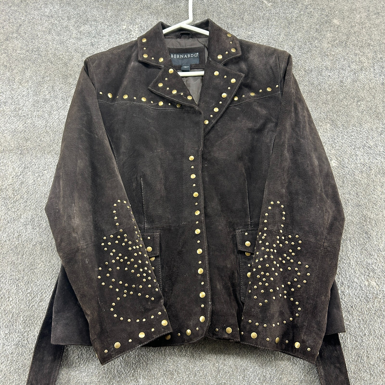VINTAGE Bernardo Leather Coat Womens L Brown Suede Genuine Studded Belted Y2K
