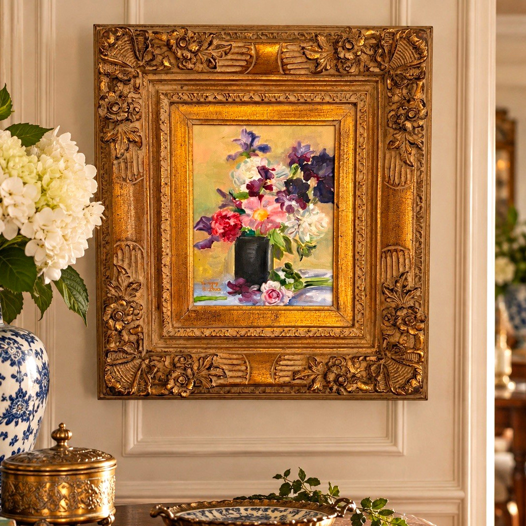 Gorgeous Signed Original Floral Oil Painting Ornate Gilt Solid Wood Frame 17x19