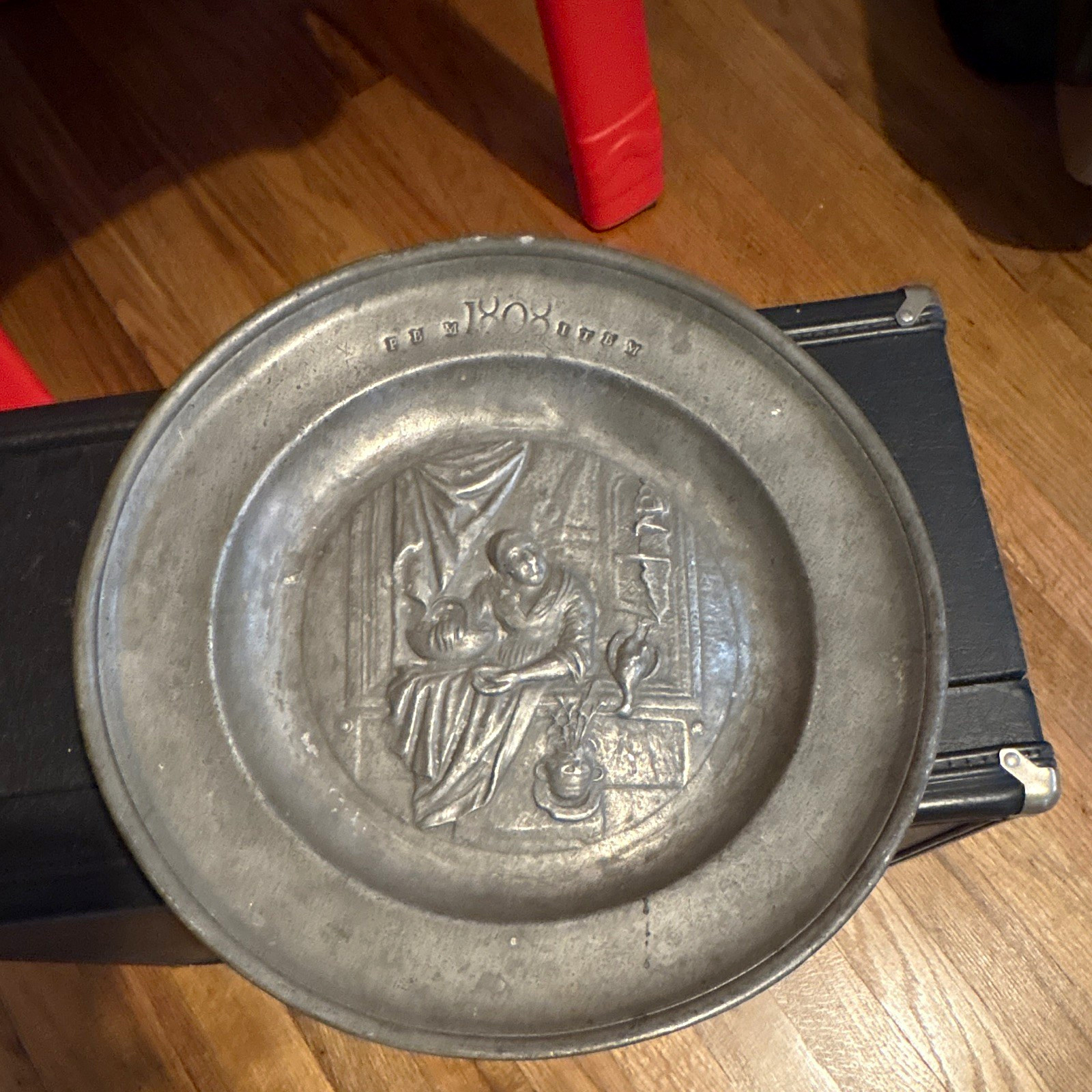 Vintage Relief Pewter Wall Hanging Plate - 1808 Dutch Water Seller Scene