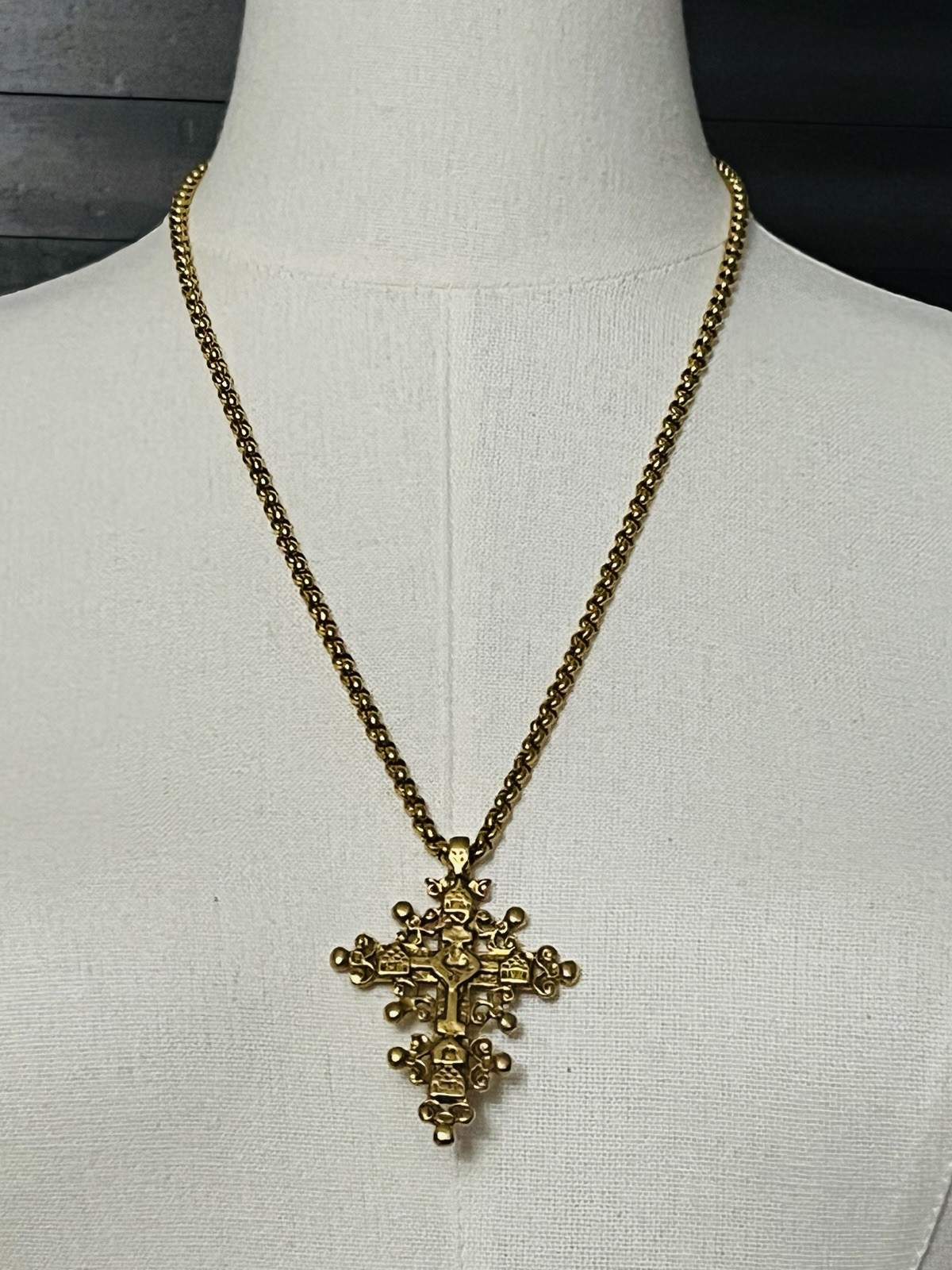 Vintage 1992 MMA CLEO Byzantine Cross Pendant Necklace Gold Filled Chain 24\