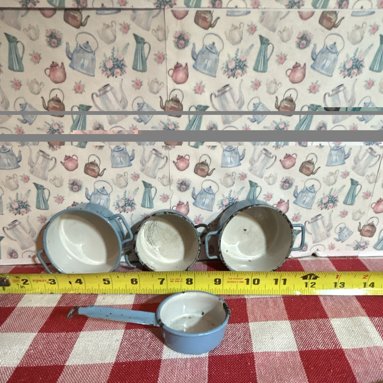 Antique Toy Blue Enamelware Cooking Dishes Lot of 2