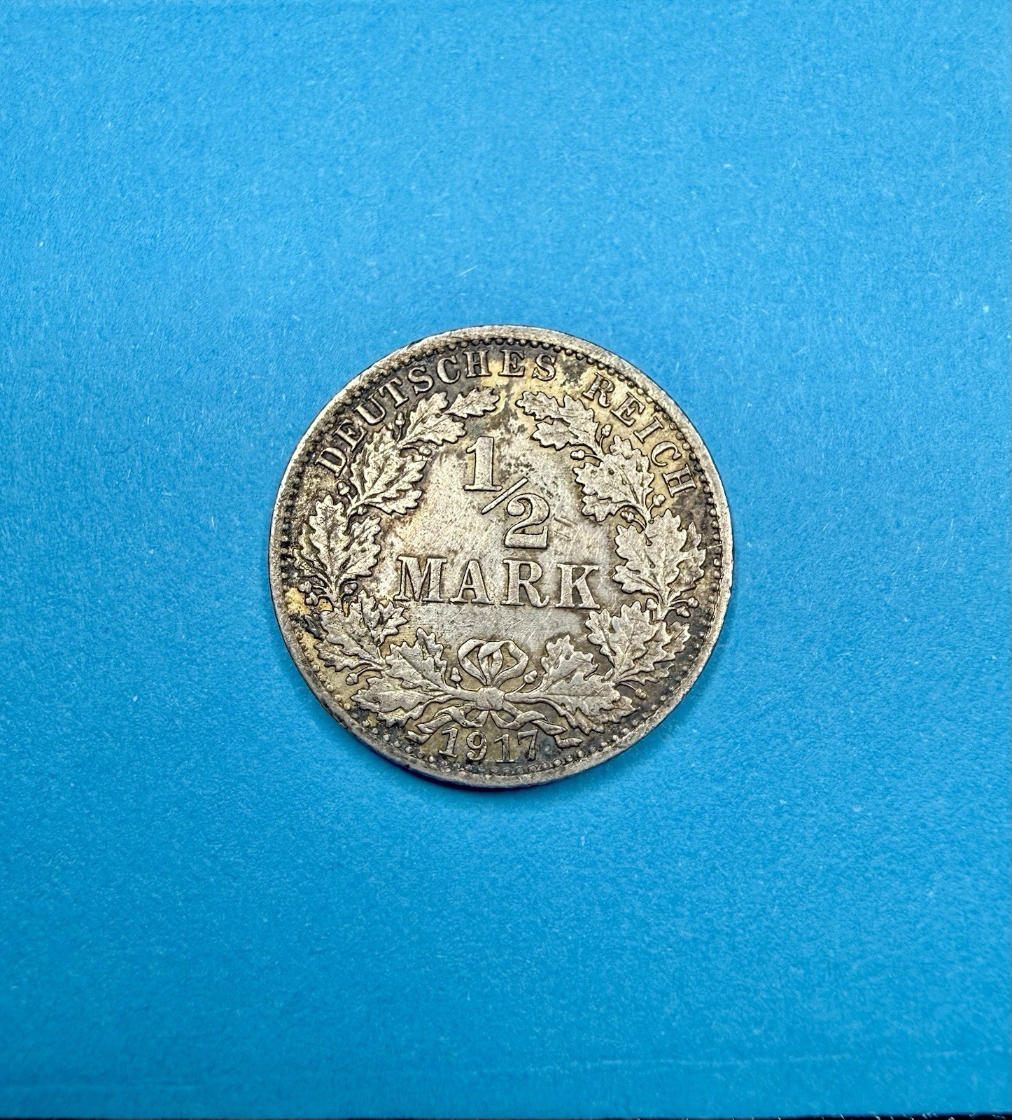 1917-A Germany 1/2 Mark Silver Wilhelm II Empire Coin