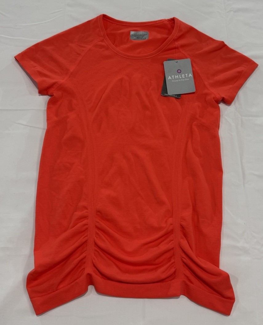 Athleta Small Fastest Track Top Shirt Orange Short Sleeve Ruched Tee Stretch NEW