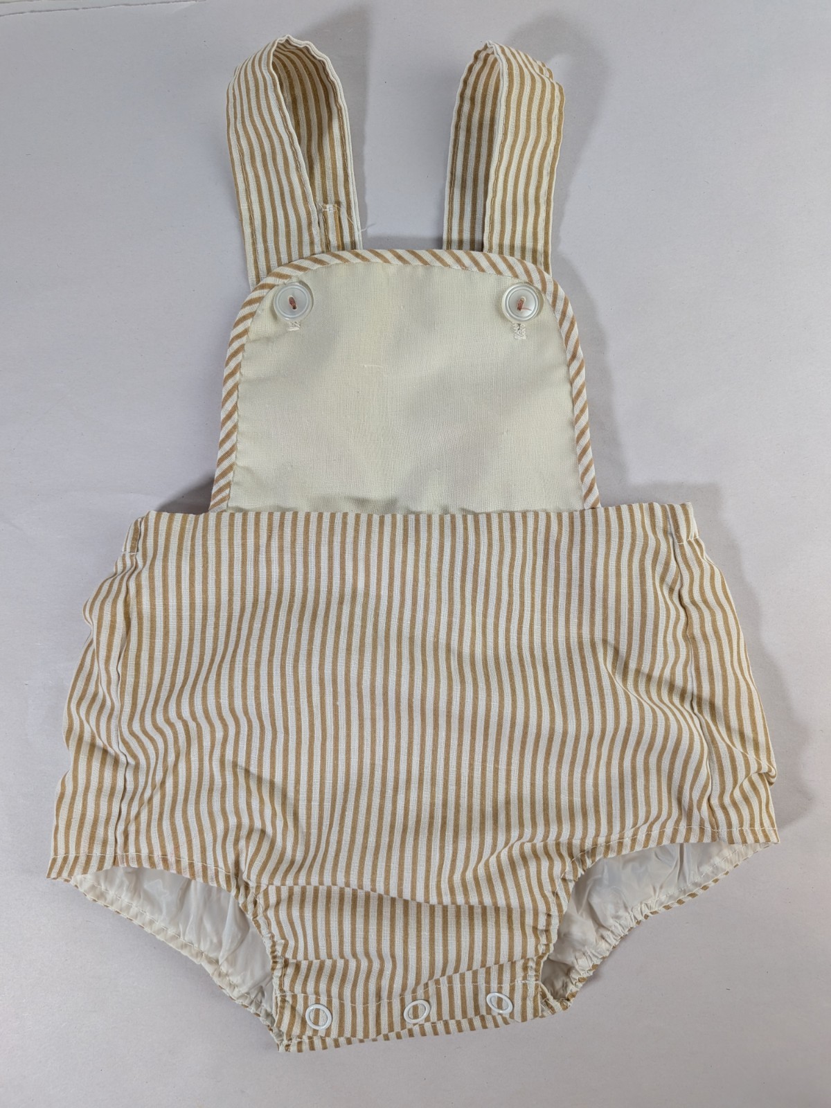 Vintage 1980s Baby Togs Seersucker Bubble Romper Tan Striped Sunsuit 12 Months