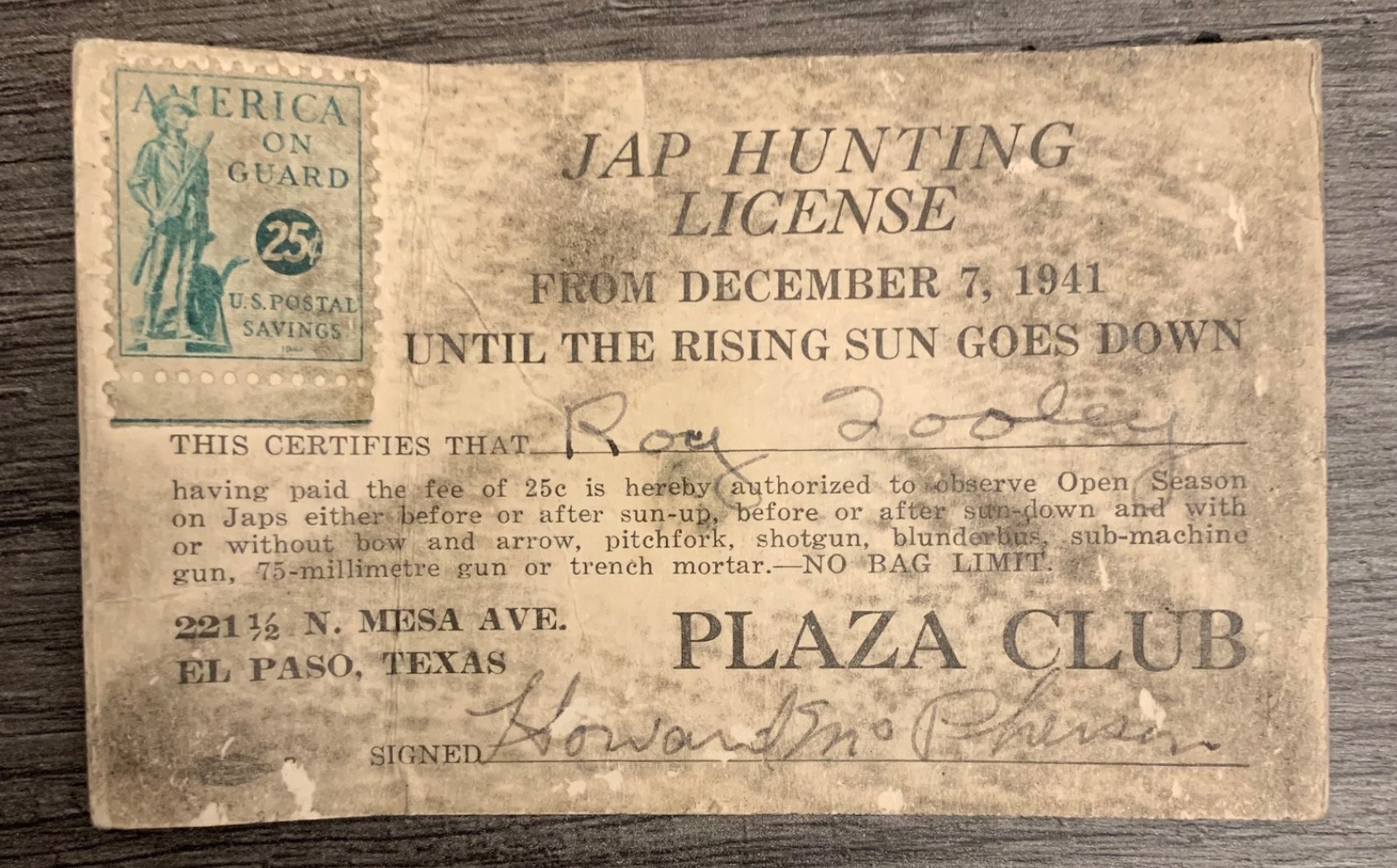 Rare Anti Japanese Jap Hunting License WWII Memorabilia PLAZA CLUB El Paso Texas Rare Anti Japanese Jap Hunting License WWII Memorabilia PLAZA CLUB El Paso Texas