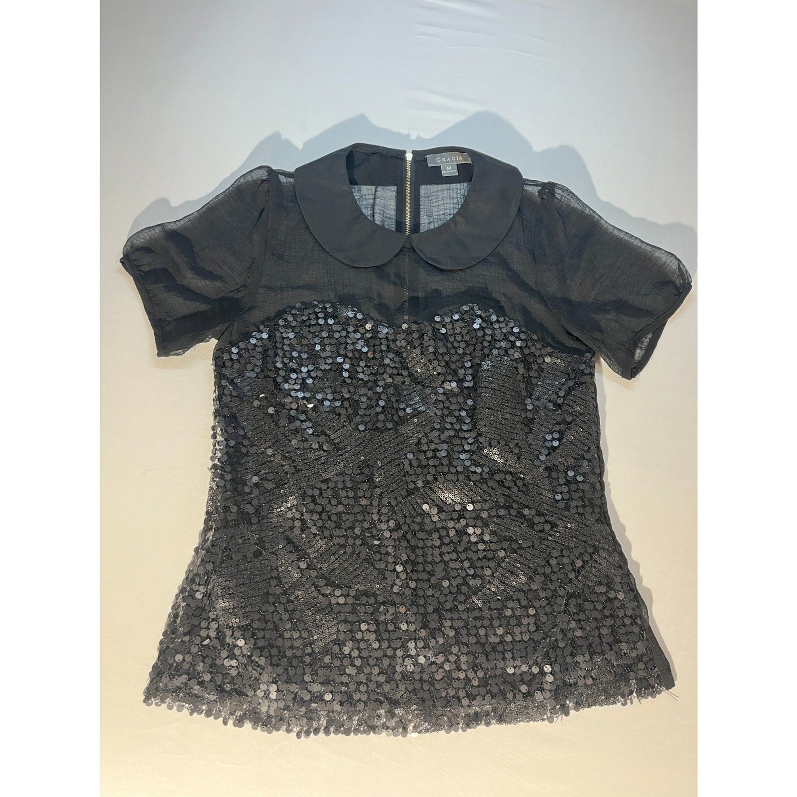 Gracia M Black Gothic Sequin Top Sheer Puff Sleeves Peter Pan Collar Whimsigoth Gracia M Black Gothic Sequin Top Sheer Puff Sleeves Peter Pan Collar Whimsigoth