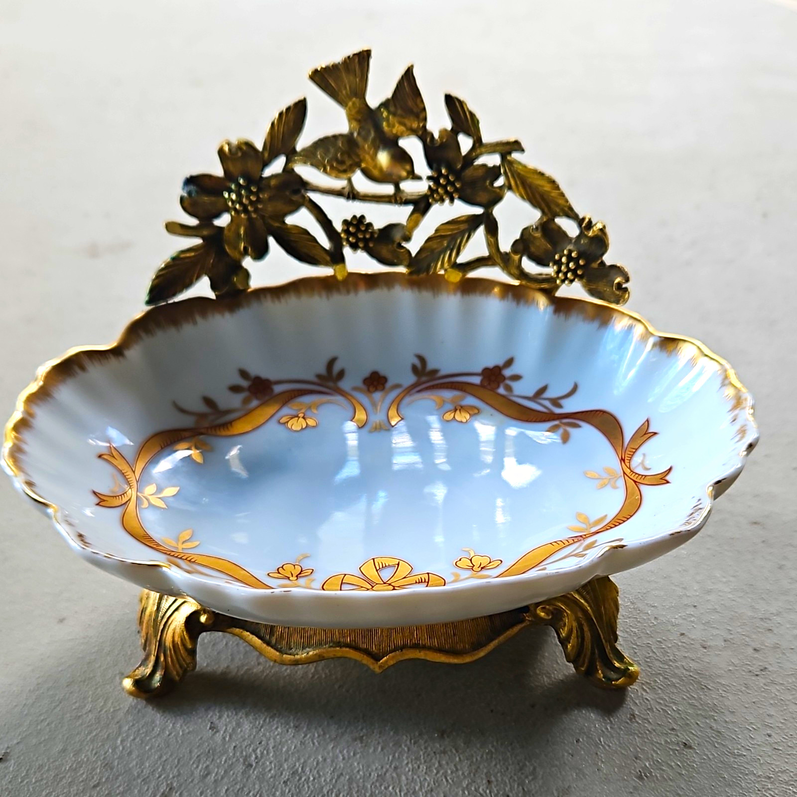 Vintage Matson Porcelain Soap Trinket Dish Bird Dogwood Gold Ormolu Regency