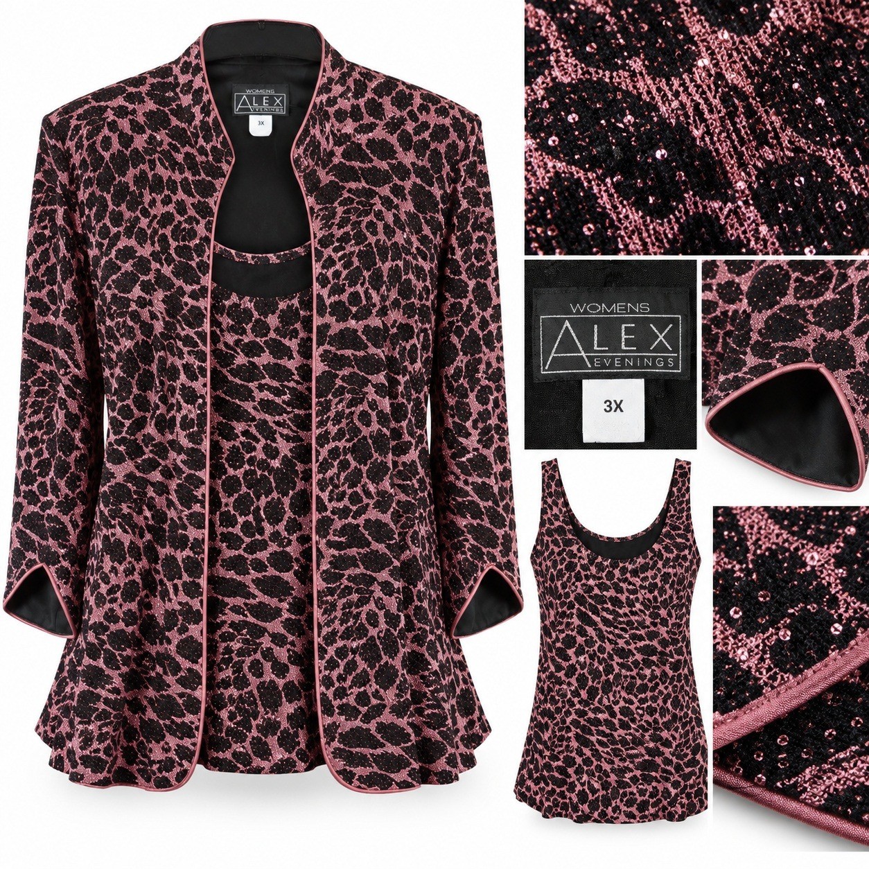 Alex Evenings Jacket Tank Set Womens 3X Mauve Black Animal Print Sequin Metallic