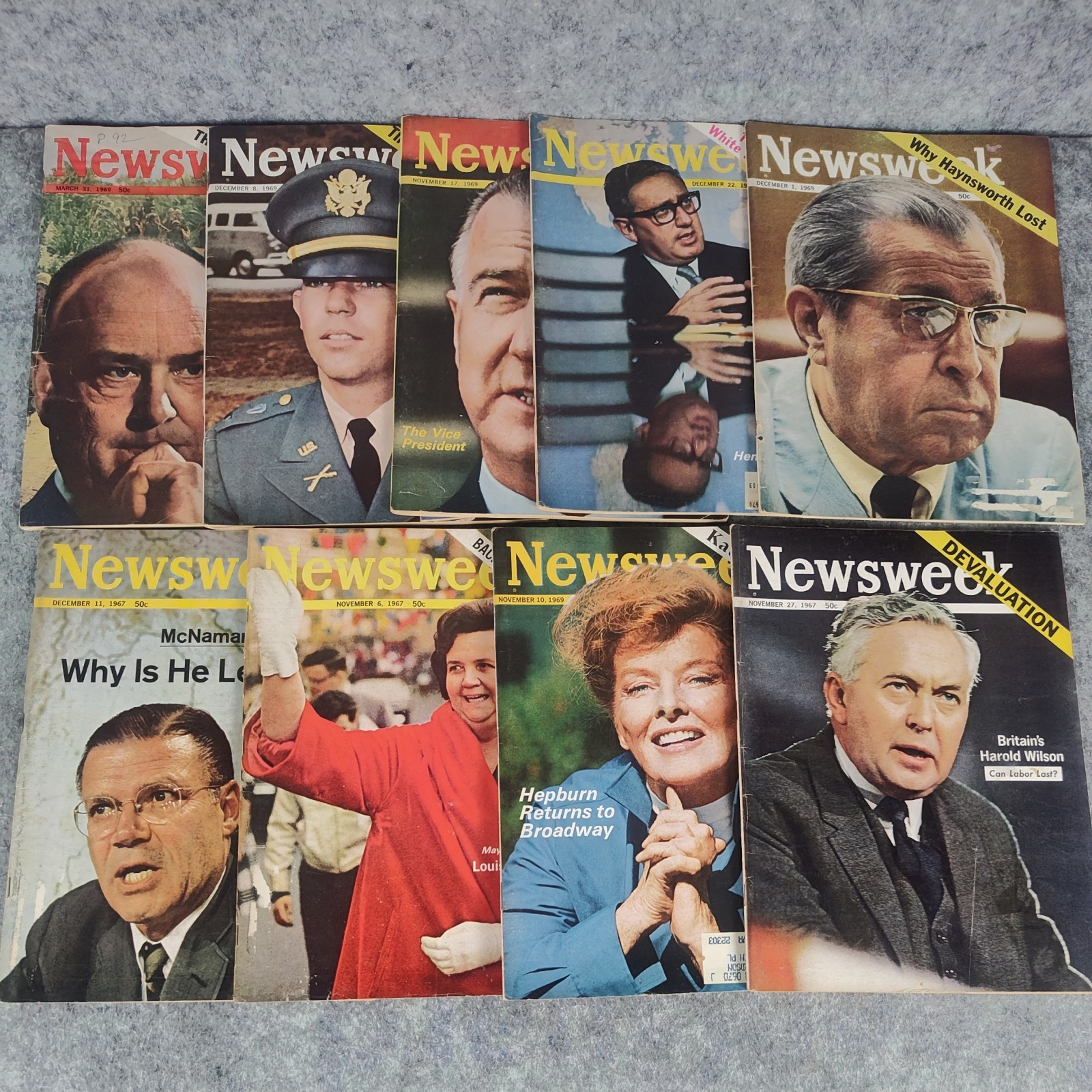 Vintage Lit of 9 Newsweek Magazine 1967-1969 Political History Kissinger Hepburn