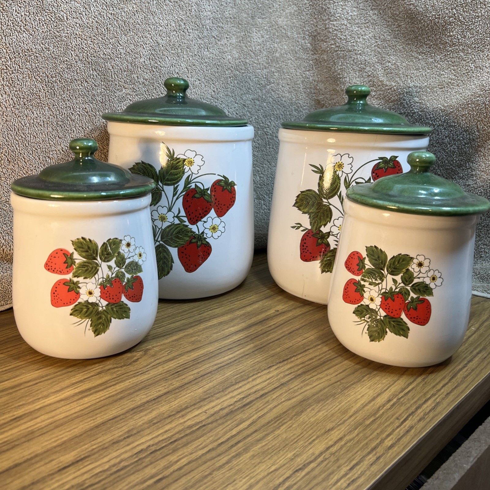 4 Vintage McCoy Strawberry Daisy Pottery Cannister Set. USA 135 PLEASE READ 4 Vintage McCoy Strawberry Daisy Pottery Cannister Set. USA 135 PLEASE READ
