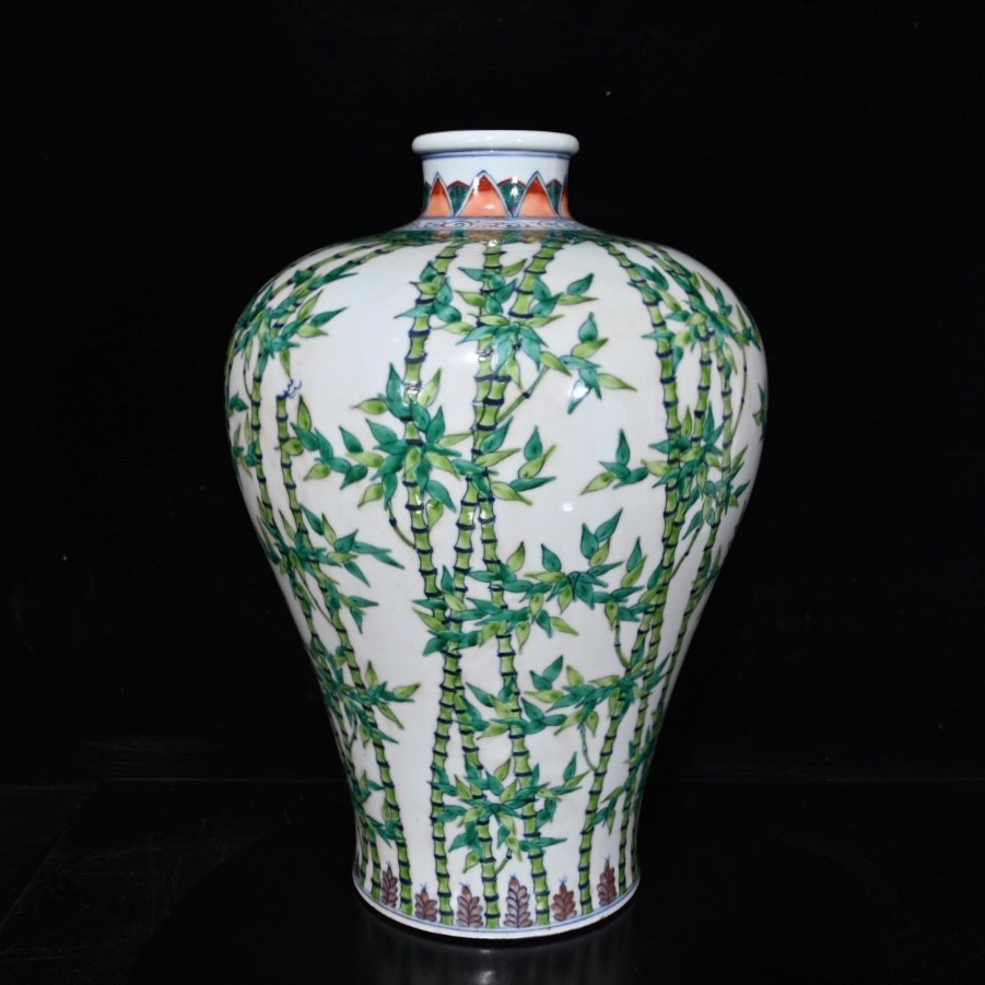 Ancient Chinese Large Blue-and-Green Glazed Plum Vase with Bamboo Grove Design