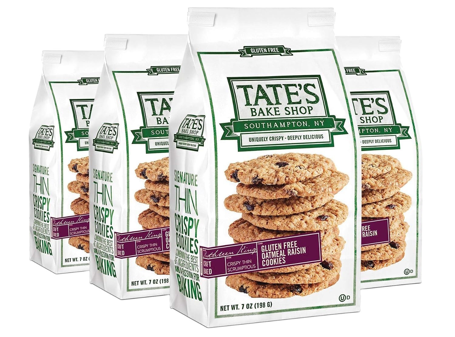 Tate\'s Bake Shop Thin Crispy Gluten Free Oatmeal Raisin Cookies 7 oz Bag 4 Pack