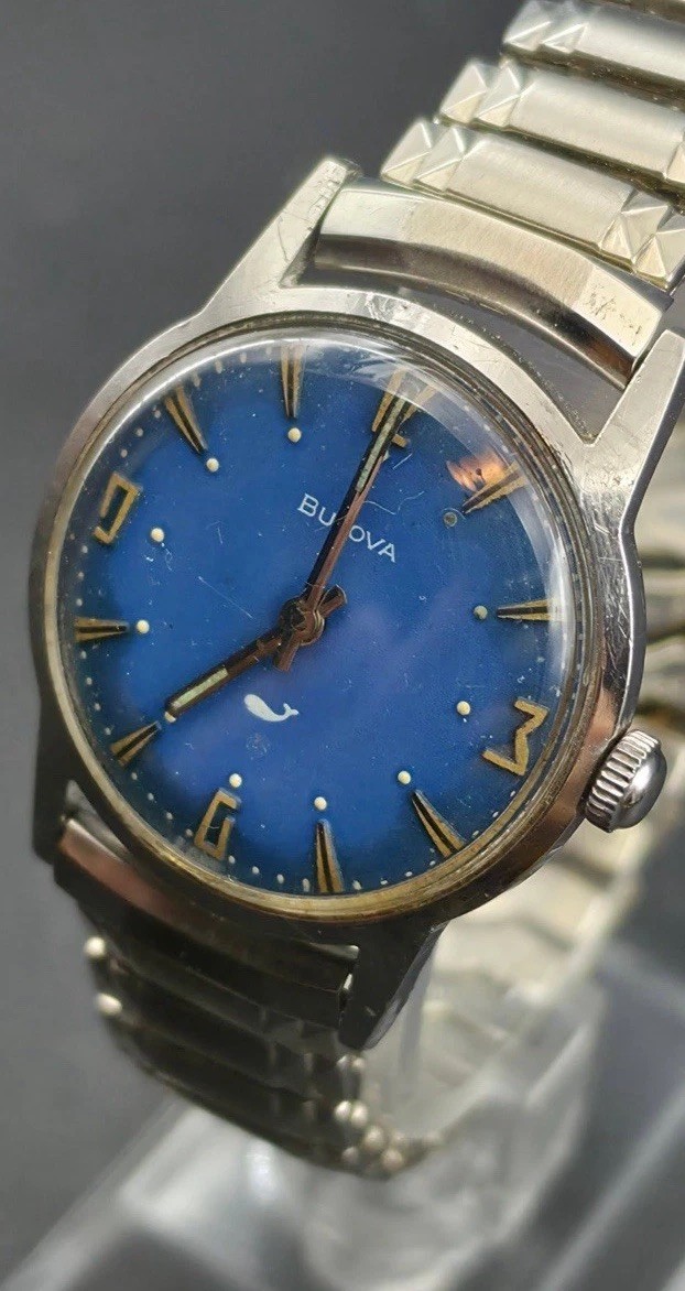 Vintage 1970 Bulova Sea King Whale Blue Dial 11BLL Manual Wind Engraved