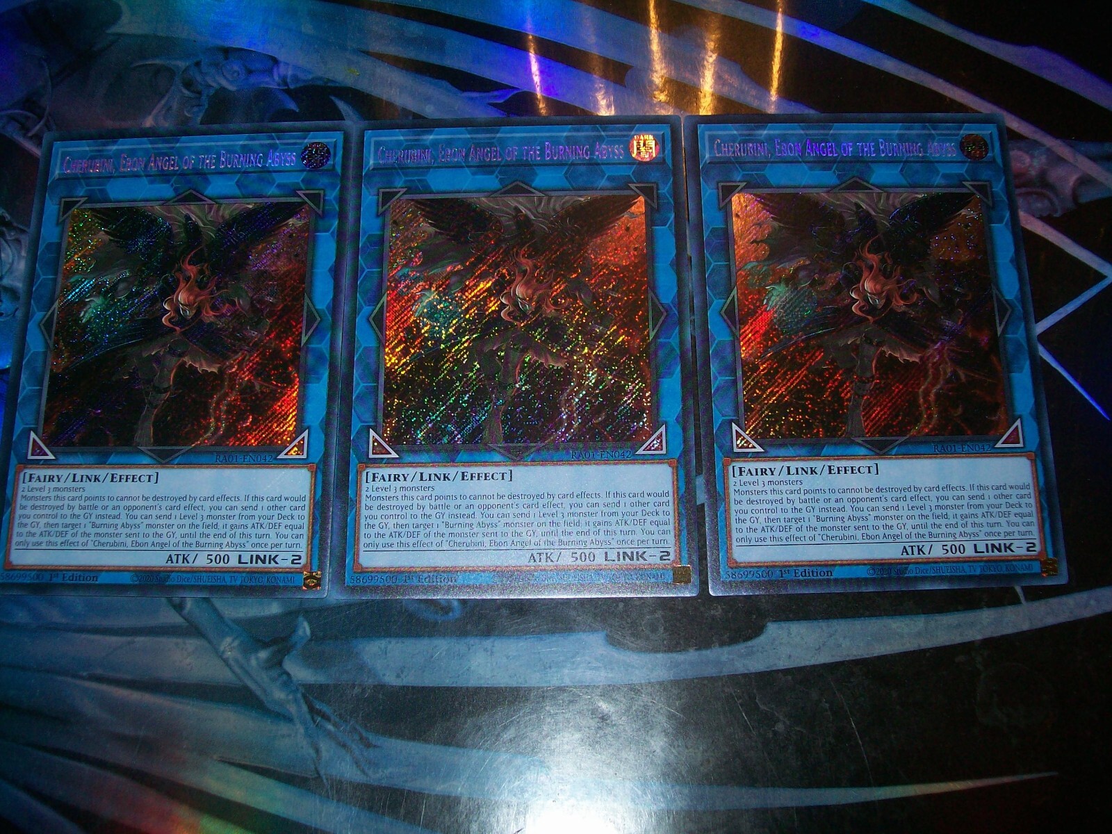 3x Cherubini, Ebon Angel of the Burning Abyss 1st Edition Secret Rare RA01-EN042