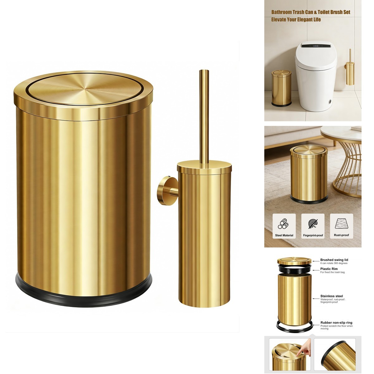 Huaqinglian 2.4 Gallon Gold Bathroom Trash Can with Wall Mounted Toilet Brush