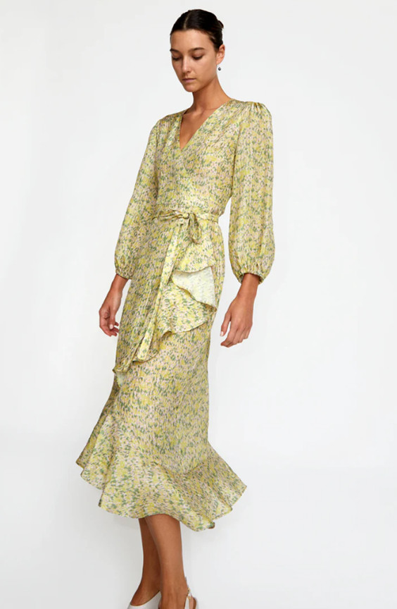 No. 6 Store Celery Lilac Patterned V-Neck Noma Wrap Dress, Size 0, NWT $525