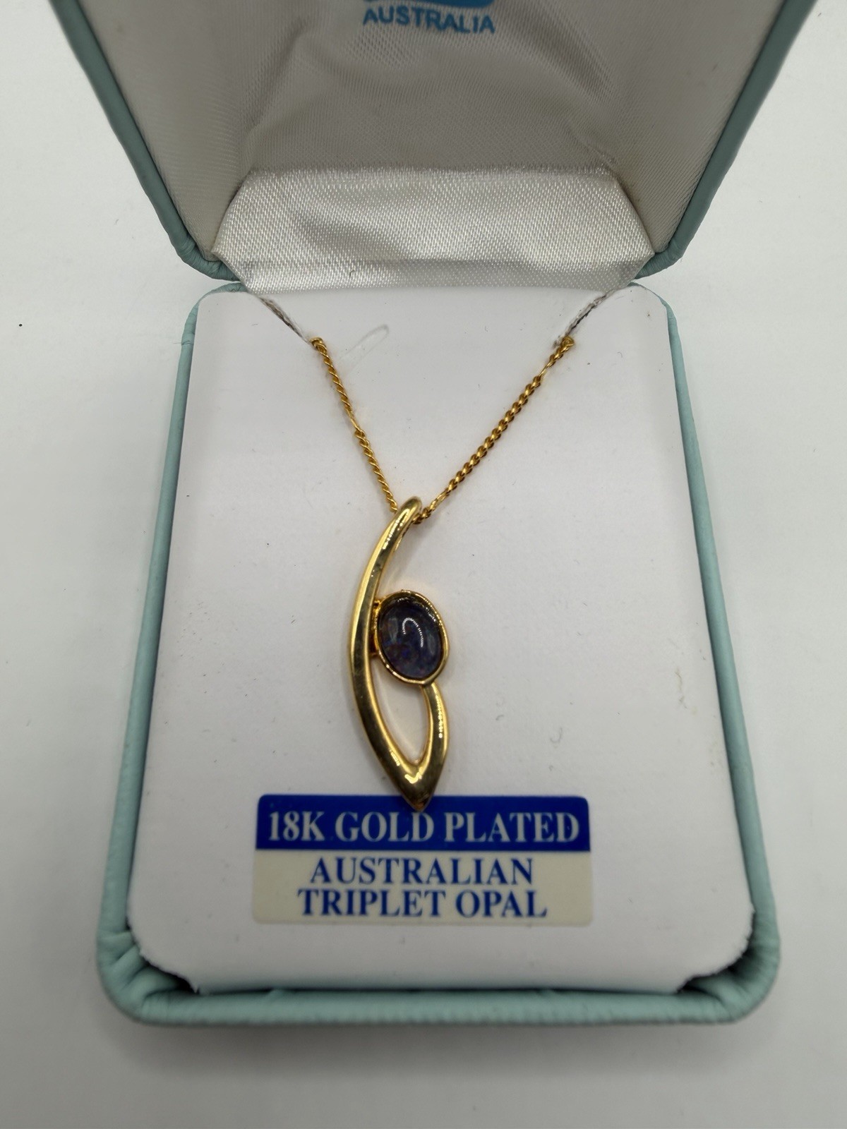 Vintage Toscow 18k Gold Plated Australian Triplet Opal Pendant Necklace w/ Box