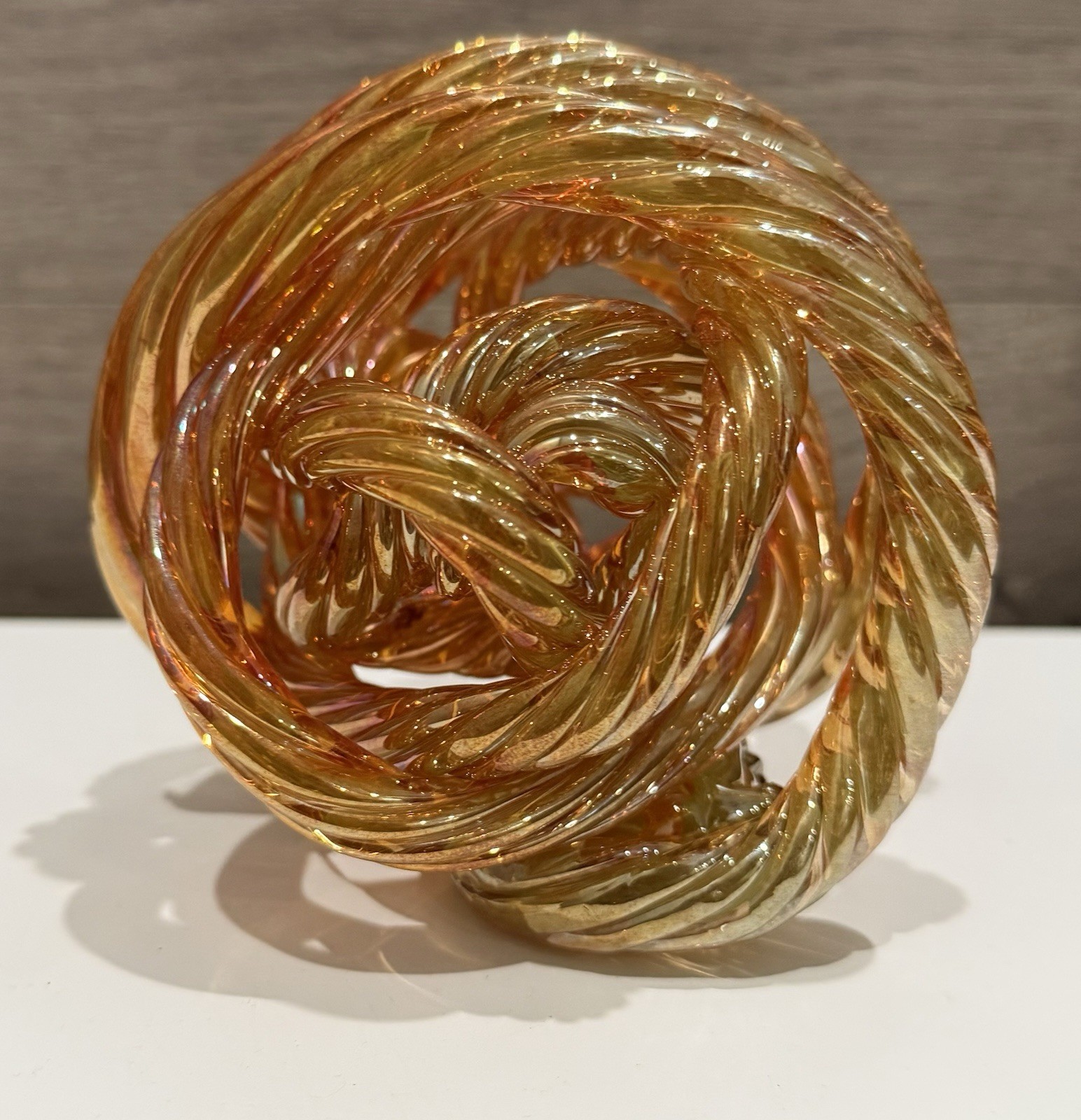Amber Murano Style Hand Blown Glass Infinity Knot Sculpture Twisted Rope Decor