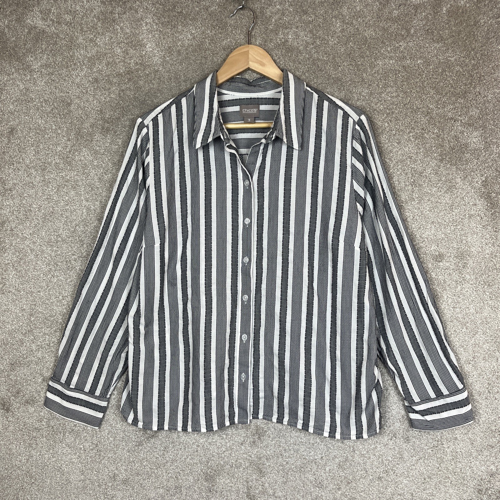 Chico\'s Shirt Womens 3 Gray Stripe Cotton Long Sleeve Button Front- 4991