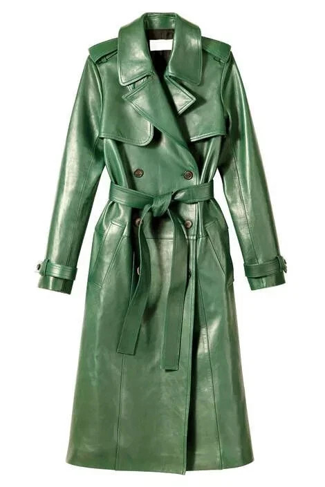Women’s Full Length Genuine Green Leather Trench Coat Long Overcoat Jacket