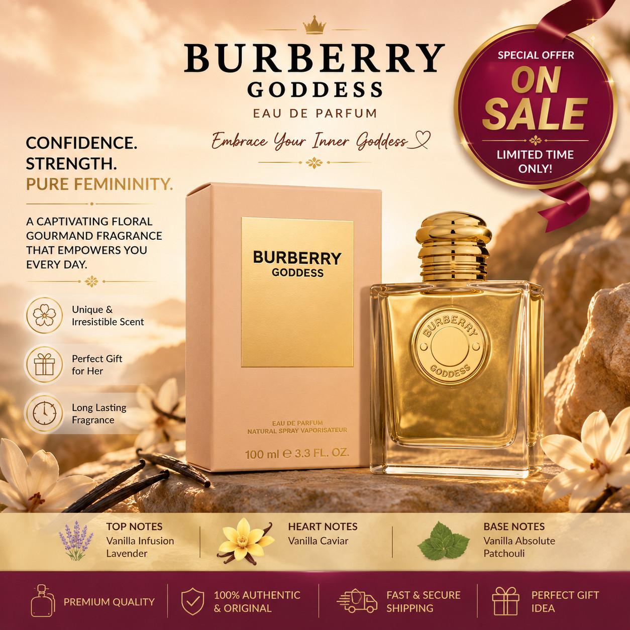 Burberry Goddess by Burberry 3.3 oz EDP Perfume for Women NIB Burberry Goddess by Burberry 3.3 oz EDP Perfume for Women NIB