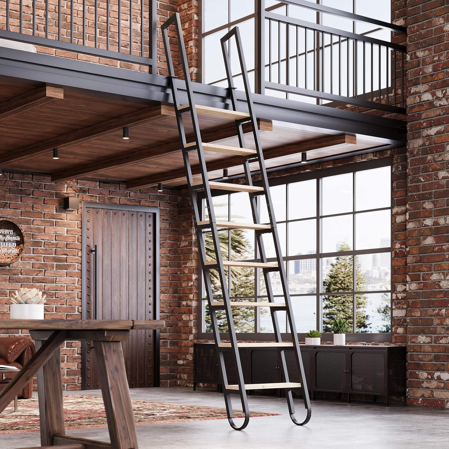 10.35FT Industrial Style Loft Ladder, 8 Steps with Black Steel Handrails & Solid