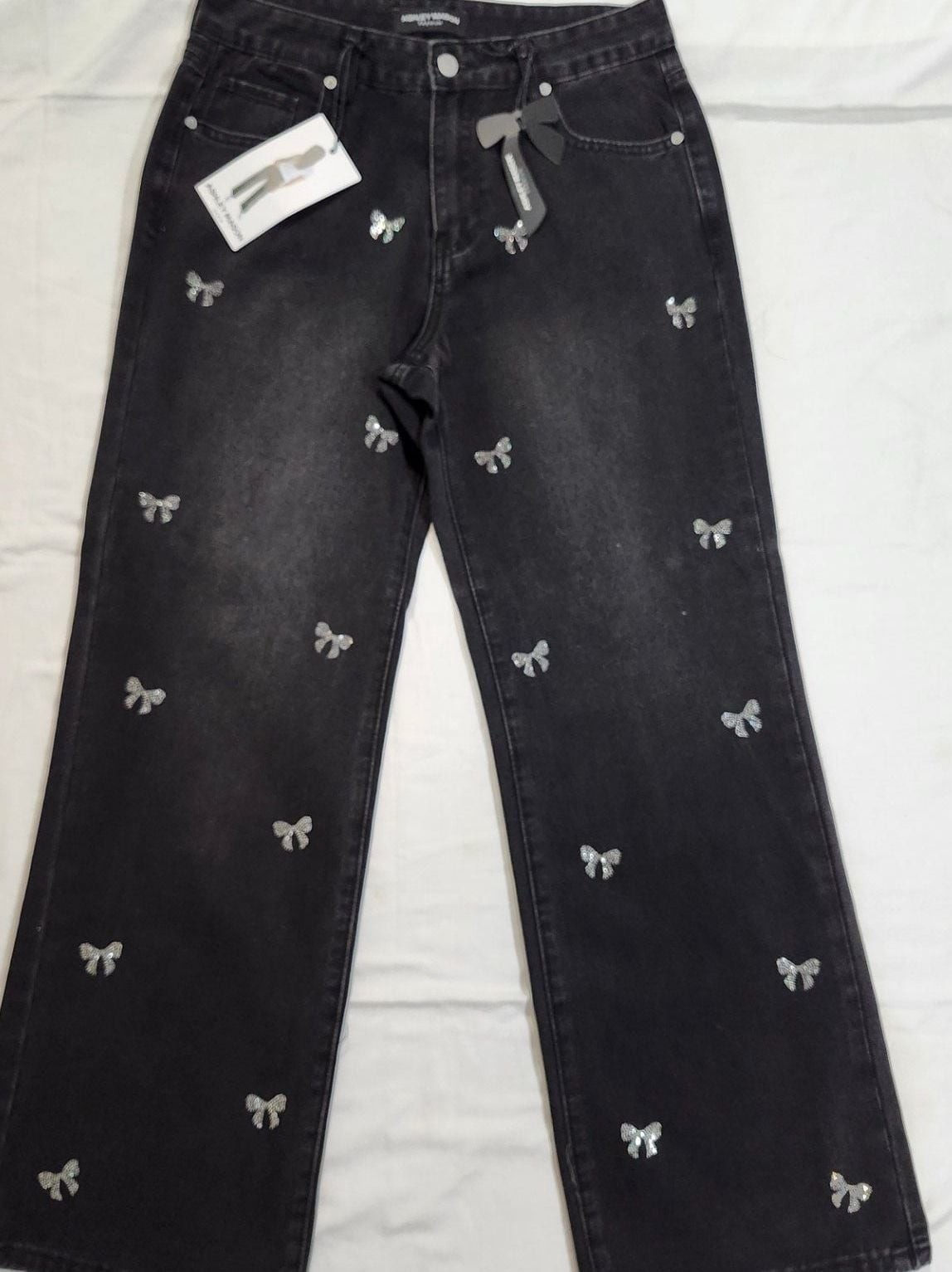 Ashley Mason Women\'s Black Bedazzled Bow Rhinestone Wide Leg Jeans Size 9/29 Ashley Mason Women\'s Black Bedazzled Bow Rhinestone Wide Leg Jeans Size 9/29