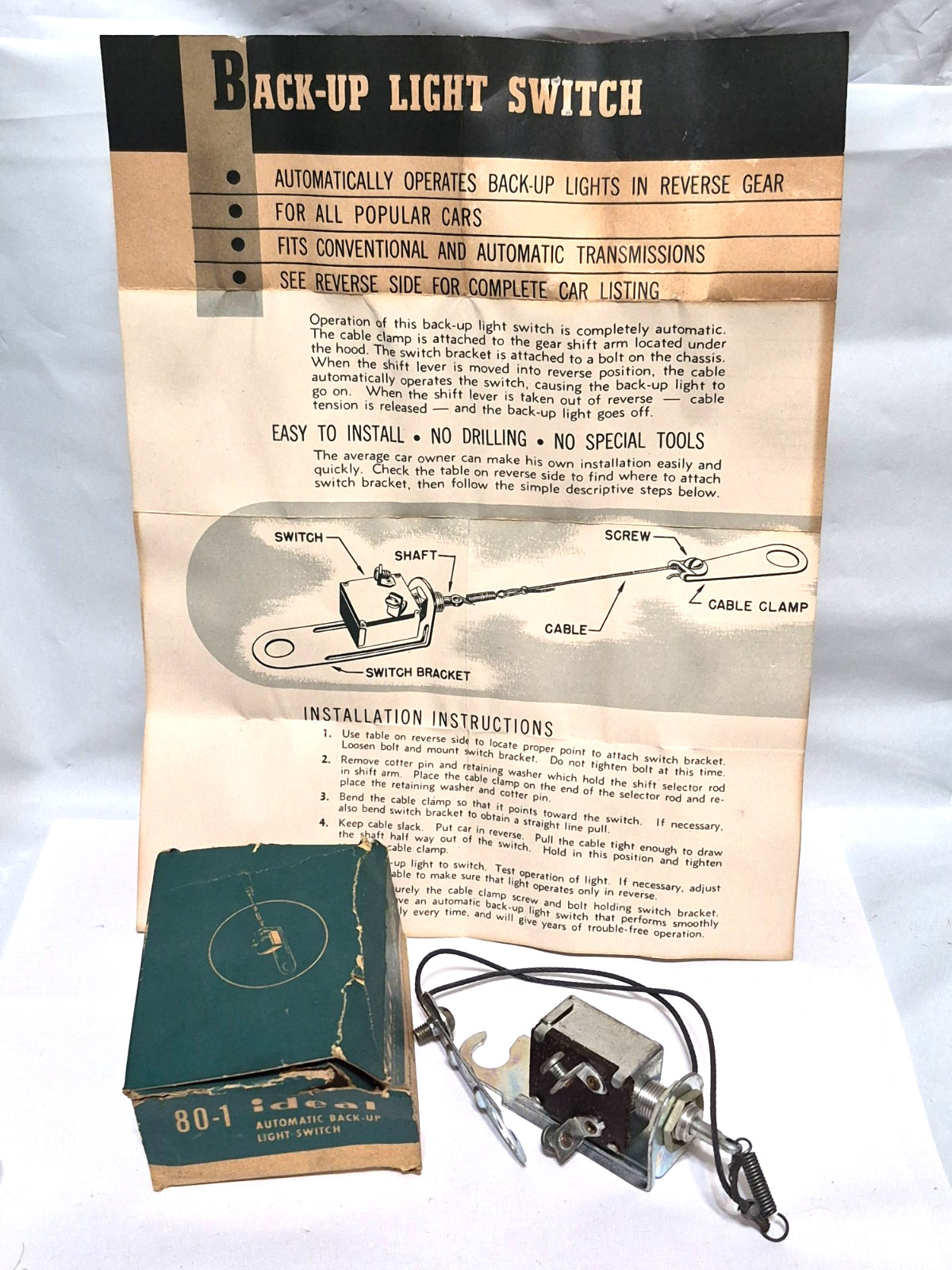 Vtg IDEAL Automatic Back-Up Light Switch & instructions in box 1940-50\'s NOS Vtg IDEAL Automatic Back-Up Light Switch & instructions in box 1940-50\'s NOS