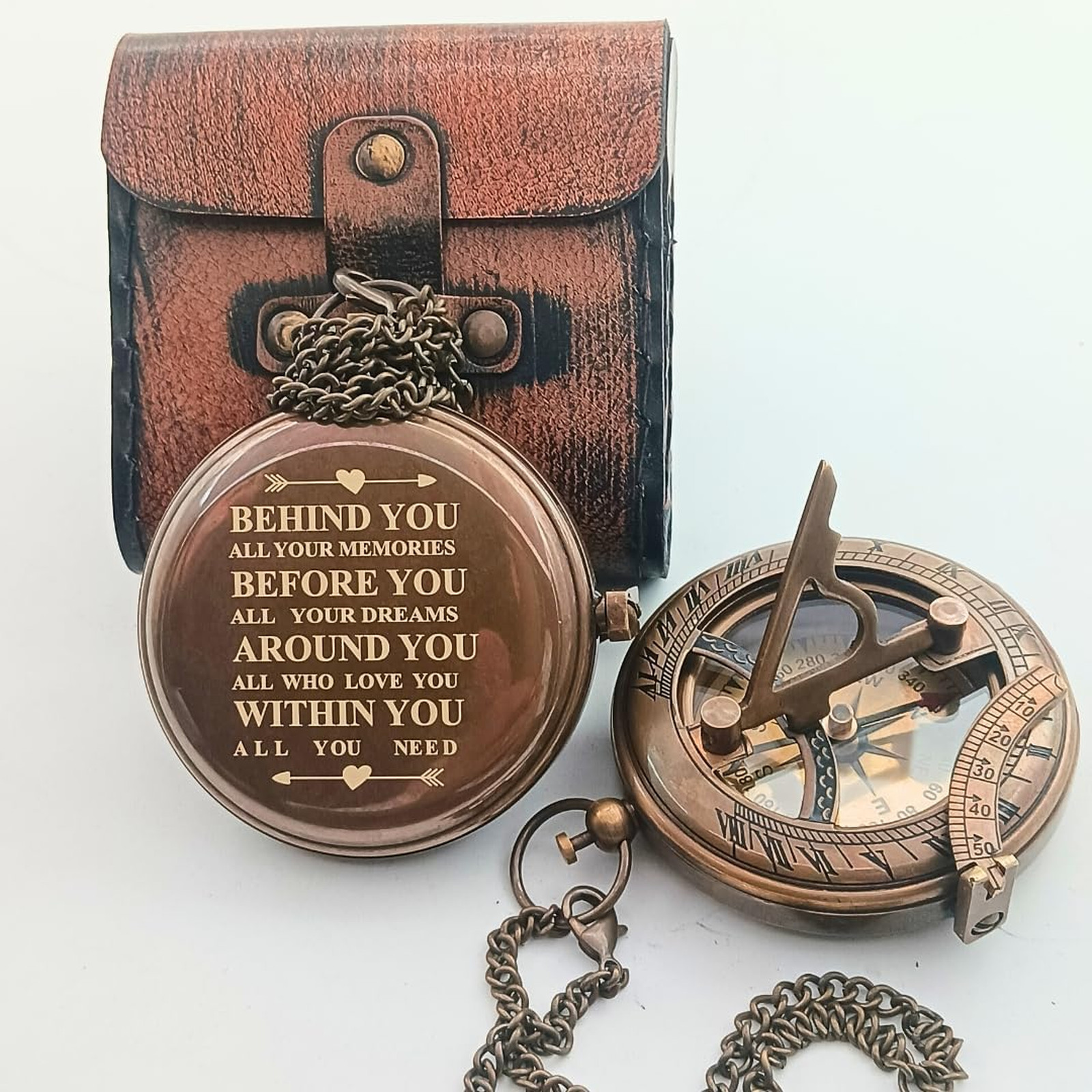 Behind You Engraved Brass Compass Gift for Men - Handcrafted Vintage Brass