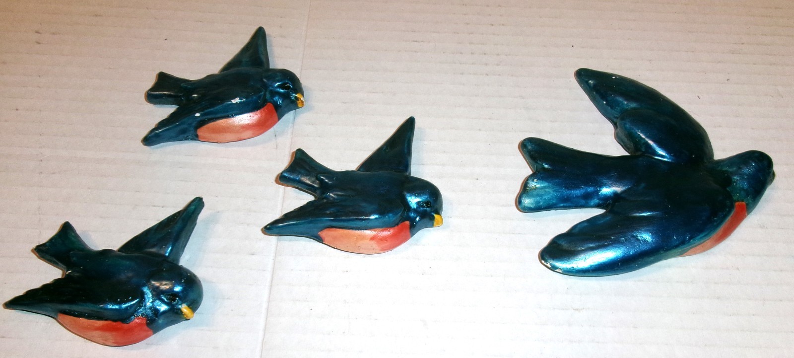 Vintage MCM Chalkware Flying Blue Birds Set 4 Wall Art 1950's Robin S142