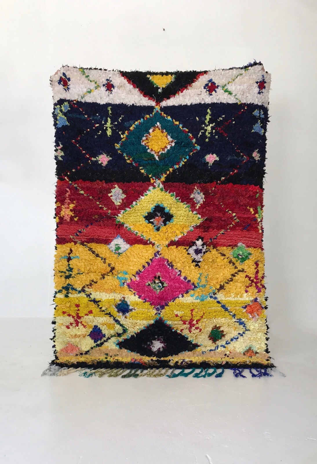 Vtg Moroccan Handmade Rag Rug ~ Boucherouite ~Bohemian Cotton Tribal Rug 76x46 Vtg Moroccan Handmade Rag Rug ~ Boucherouite ~Bohemian Cotton Tribal Rug 76x46