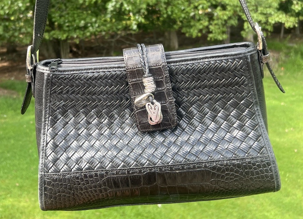 Brighton Bree Black Woven Leather Shoulder Bag Croc Embossed C222967