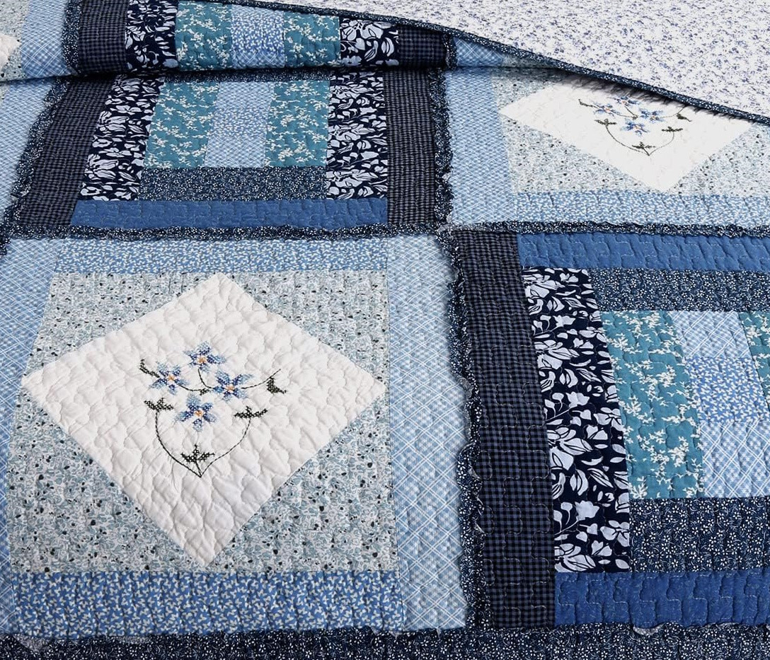 BLUE PATCHWORK 3pc King QUILT SET : COTTON COTTAGE COZY FARMHOUSE FLOWER FREESIA