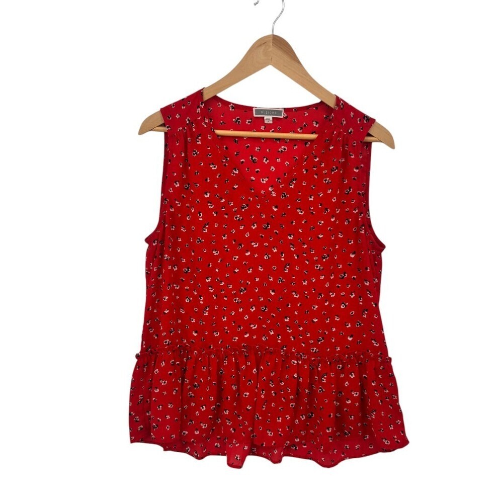 Pleione Red Floral Tiered Sleeveless V-Neck Blouse Size M