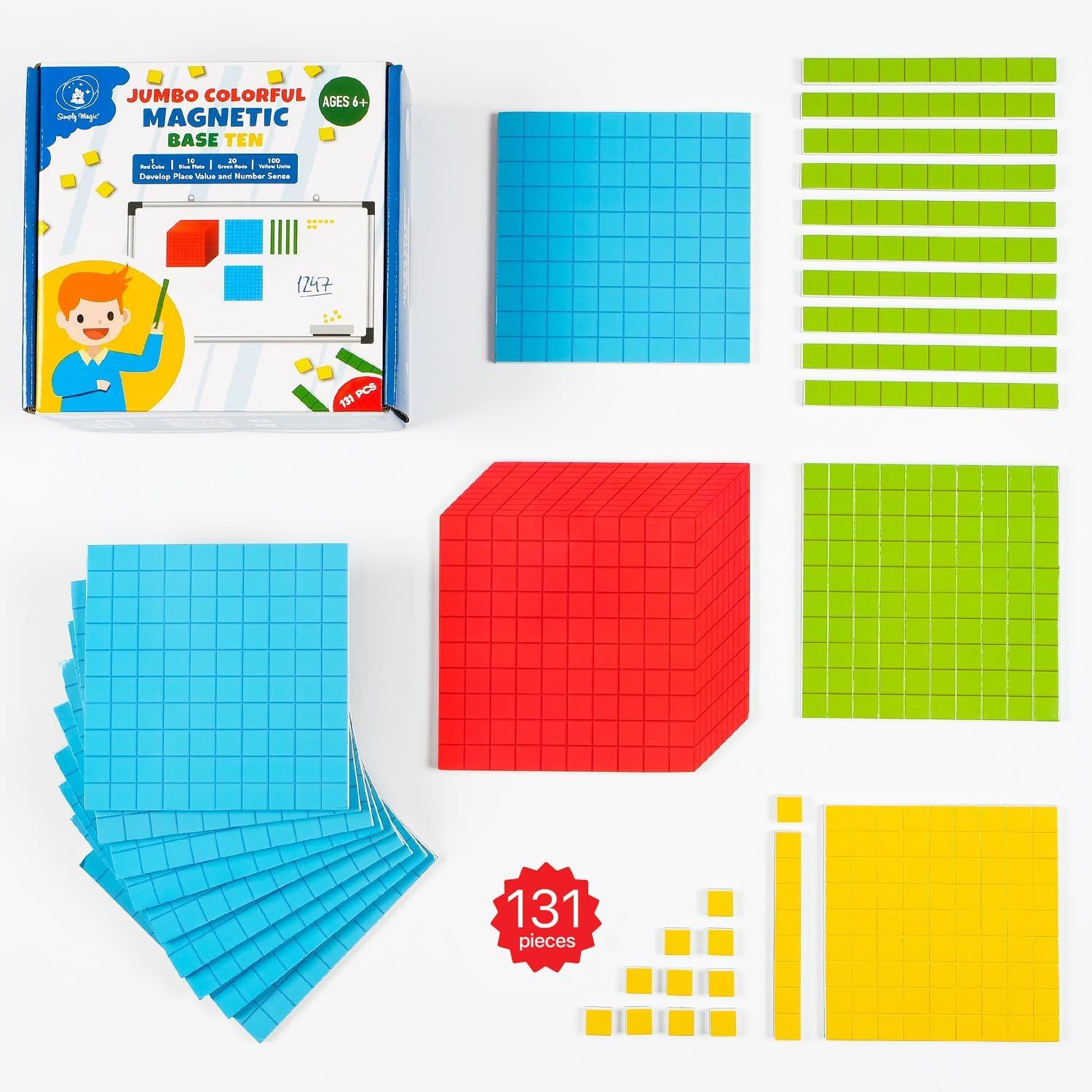 Simply Magic 131 PCS Jumbo Magnetic Base Ten Blocks for Math - Place Value