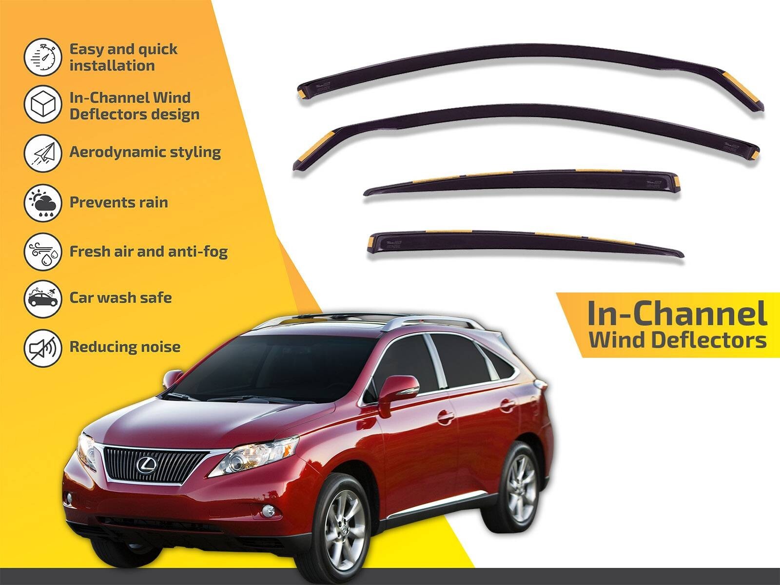 Wind Deflectors In Channel For Lexus RX 2007-2015 4-Pcs Sun Visors Rain Guard