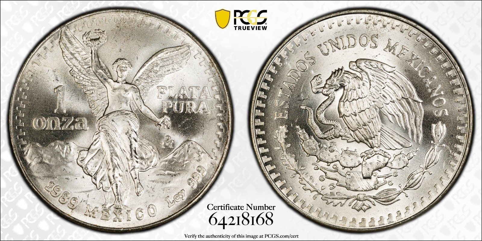 1989 Mexico Silver Libertad 1 oz w/o dot before 999 PCGS MS67