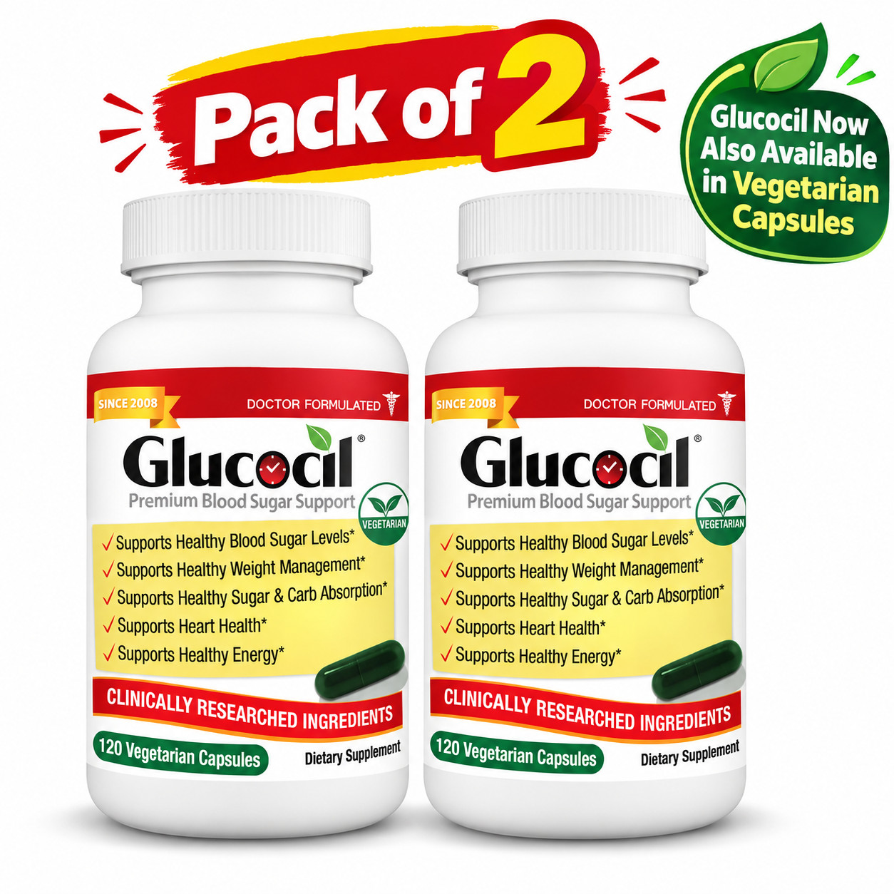 Glucocil New  Vegetarian Capsules - Premium Blood Sugar Support Pack of 2