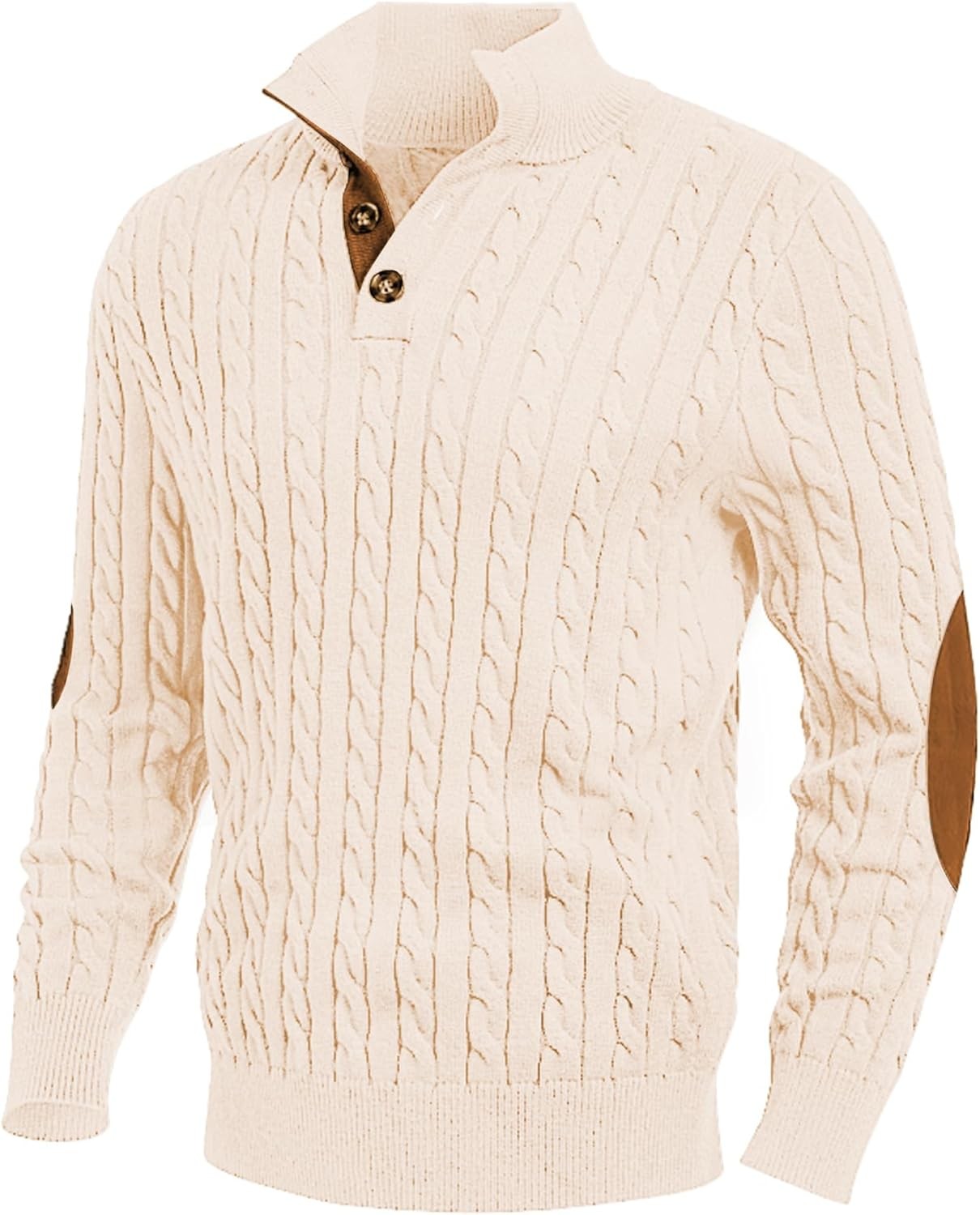 Men\'s Cable Knit Sweater Pullover Long Sleeve Stand Collar Button Casual Warm