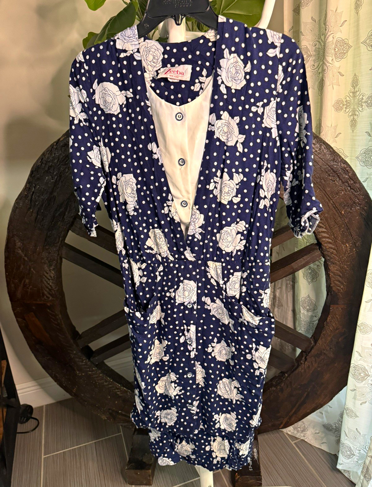 VTG 90s Zeeba New York Polka Dot Floral Rayon Dress Mock Vest S