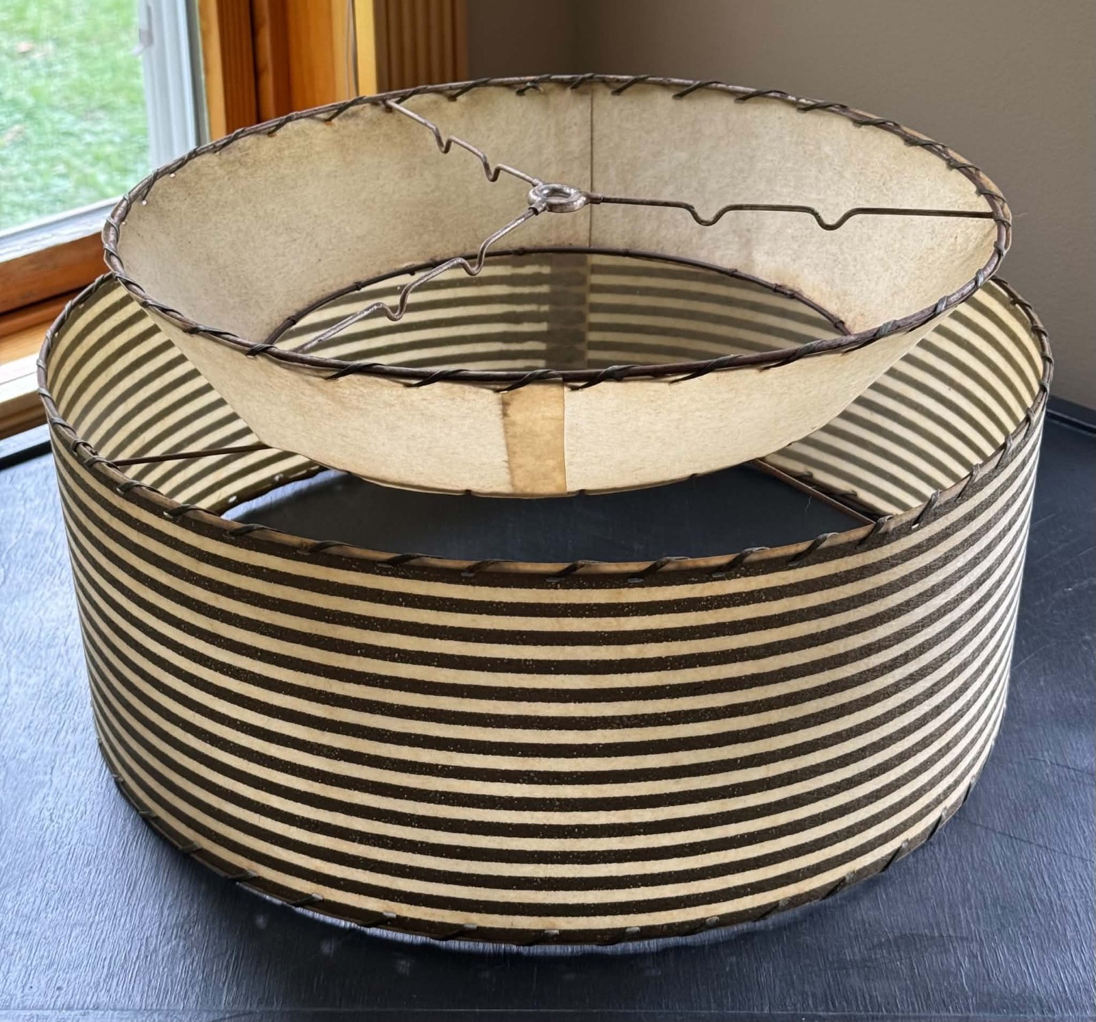 Vintage MCM 1950s Fiberglass Lamp Shade Mid Century Modern  Beige & Gold Stripes