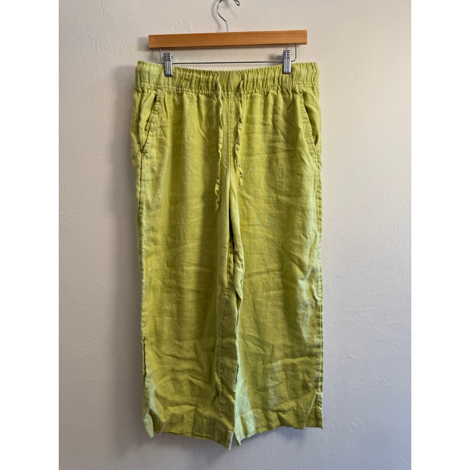 Joie Women\'s Chartreuse Lime Green 100% Linen Wide Leg Cropped Pants Size L