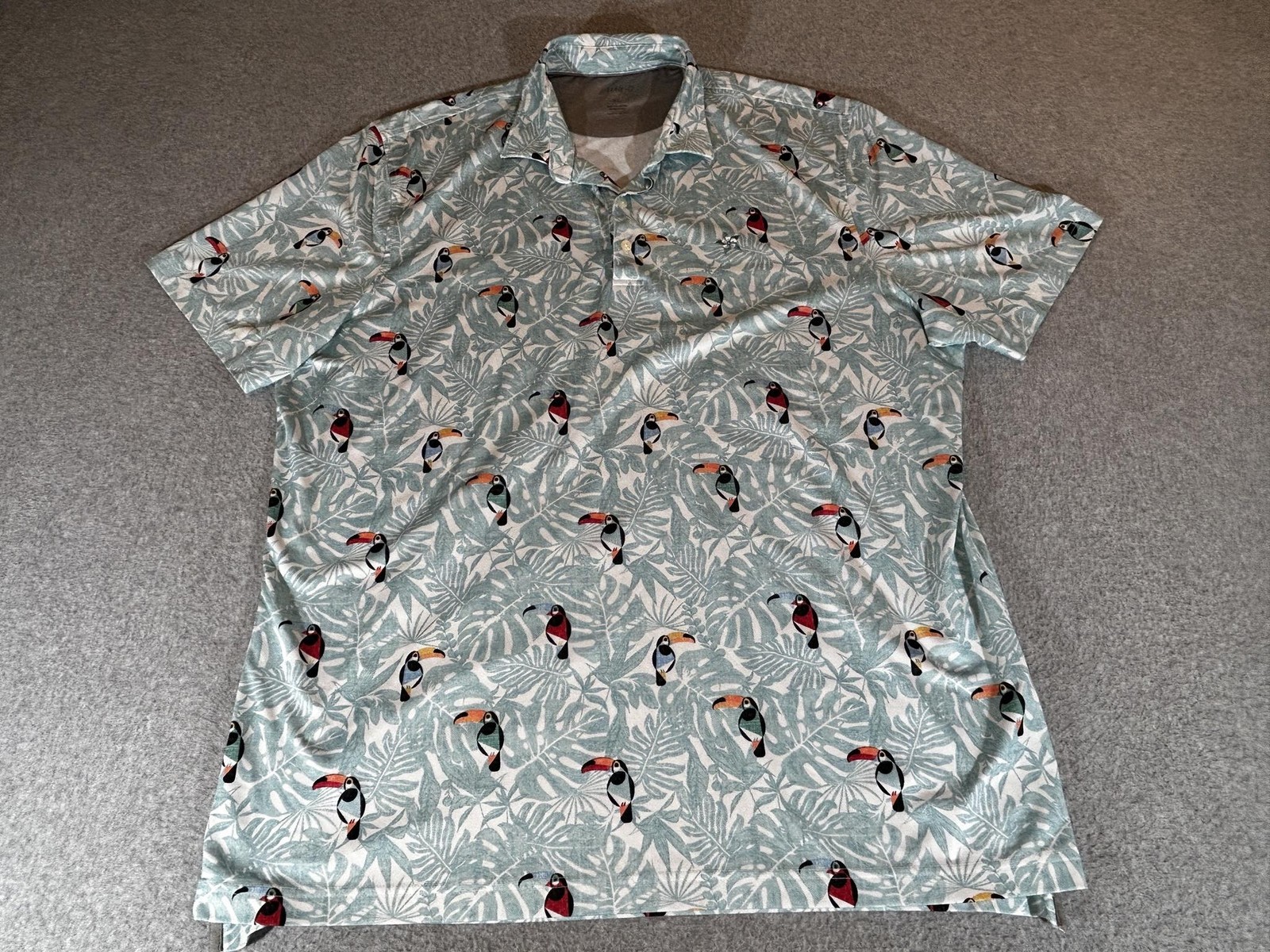 Johnnie O Polo Shirt Mens XL Blue Tropical Toucan Print Performance Stretch Golf