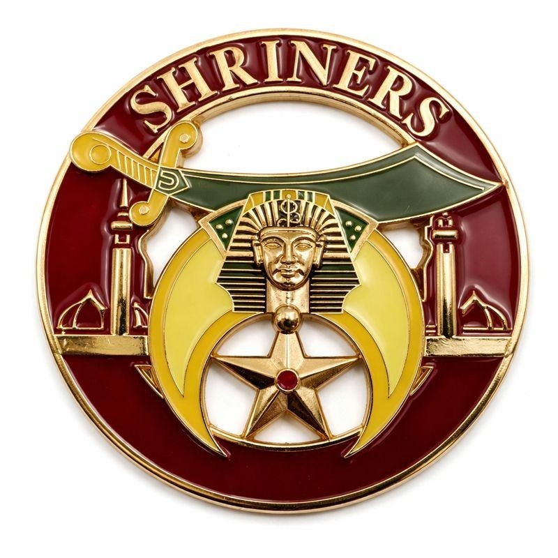 Shriners Car Emblem 3 Inch Round – Masonic Auto Badge with Gold & Red Enamel