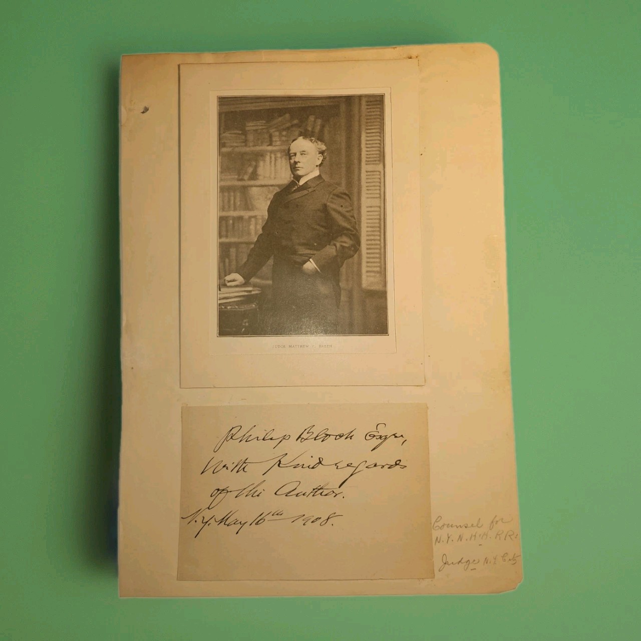 1908 Judge Matthew P Breen Inscribed Portrait Tammany Hall NYC Politics