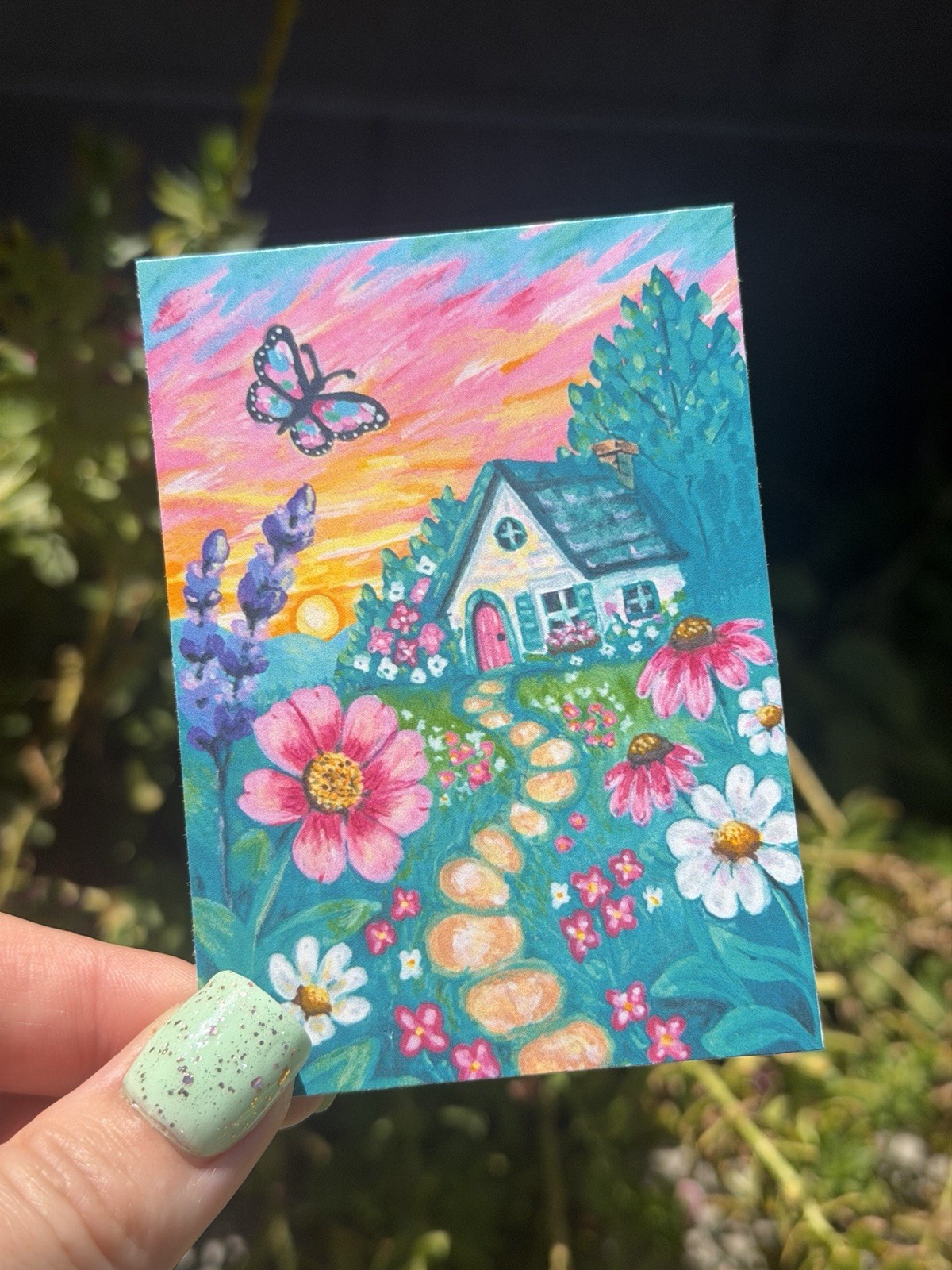 ACEO PRINT Limited Edition Painting Cottage Flower Landscape Art shaped.by.sykes