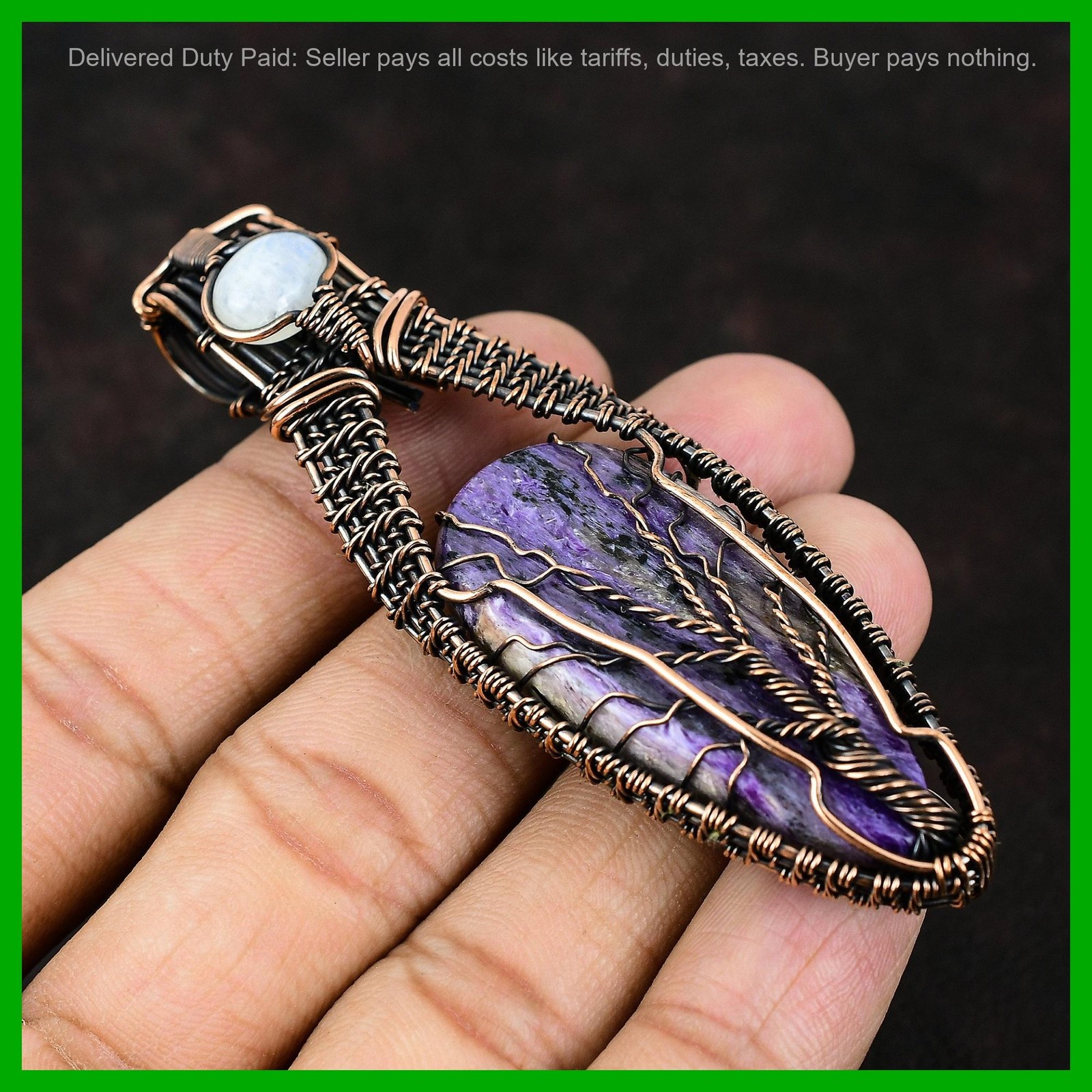 Copper Charoite Stone Rainbow Moonstone Tree Of Life And Wire Wrapped Pendant