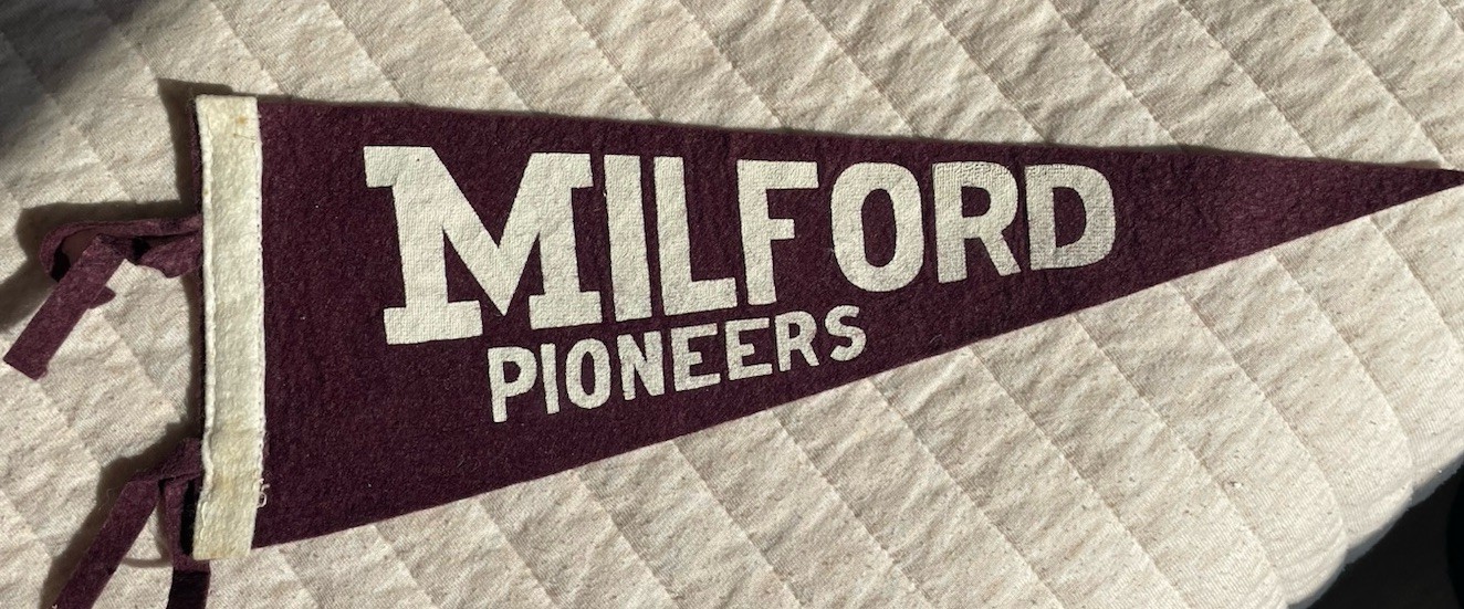 VTG Milford High School Pioneers Pennant Iowa Maroon White 12.5” VTG Milford High School Pioneers Pennant Iowa Maroon White 12.5”